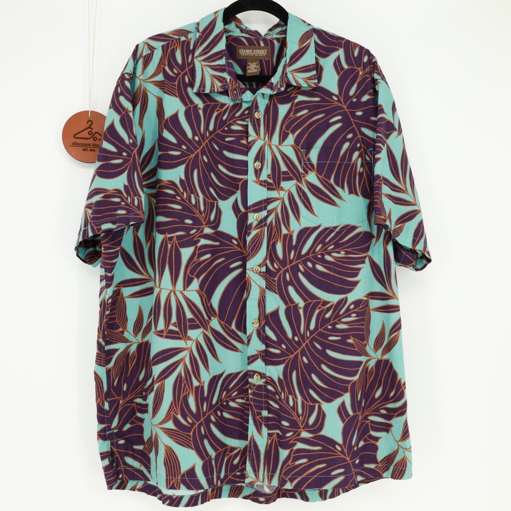 Cooke Street Mens XXL Hawaiian Shirt Teal Purple Monstera‎ Leaf Tropical Cotton